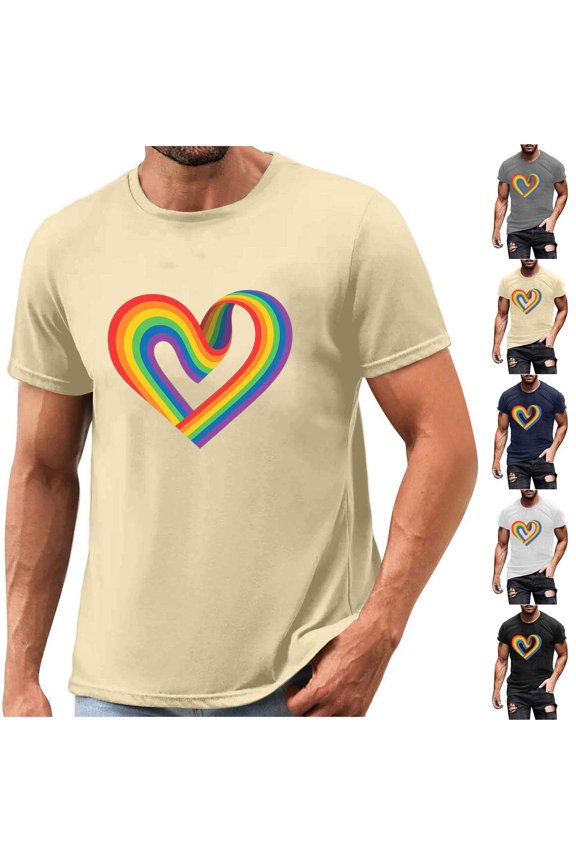 T Shirts for Man Summer Going Out Tops Loose Crewneck Short Sleeve Shirts Cotton Basic Tees Novelty Heart Graphic Print Blouse Khaki XL