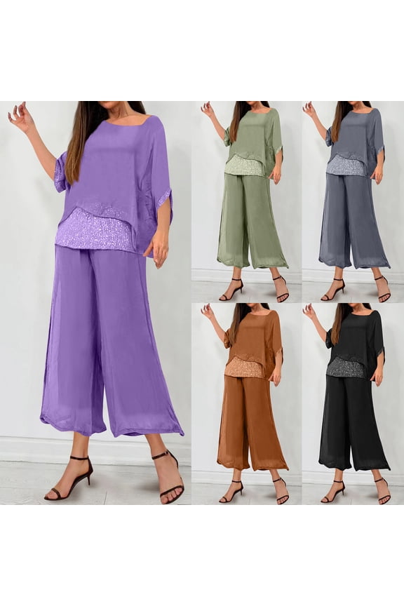 Women's Mother of The Bride Pant Suits 2 Piece Sets Casaul Chiffon Sequin Short Sleeve Tshirts and Flowy Wide Leg Capri Pants Wedding Guest Evening Party Gowns Green XL