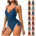 thumbnail image 1 of lcziwo Womens Swimsuits 2025 One Piece Drawstring Swimwear Summer Deep V Neck Spaghetti Straps Bathing Suits Push Up Bikini Bodysuits Light Blue M, 1 of 6