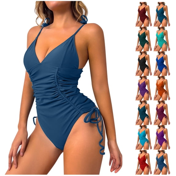 lcziwo Womens Swimsuits 2025 One Piece Drawstring Swimwear Summer Deep V Neck Spaghetti Straps Bathing Suits Push Up Bikini Bodysuits Light Blue M