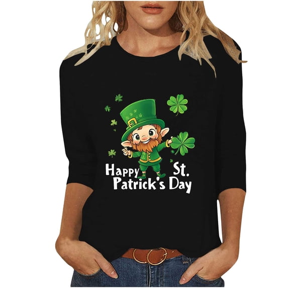 lcziwo St Patrick Shirt Women 3/4 Length Sleeve Spring Green Shirt Crewneck Shamrock Shirts Lucky Irish Clover Holiday Blouses 2025 Black,XXXL