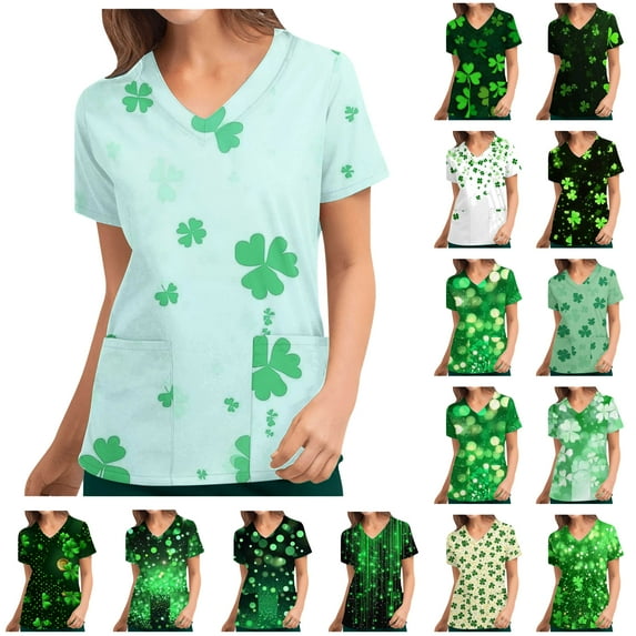lcziwo St. Patrick's Day Scrub Tops for Women Cute Vneck Short Sleeve Green Shamrock Printed Nurse Holiday Working Uniforms with Pockets Multicolor XXL