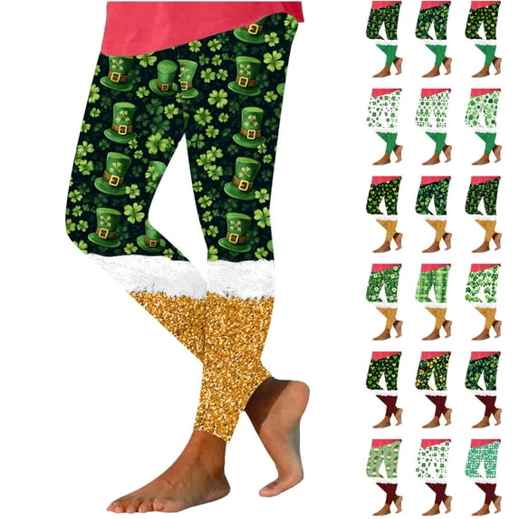 lcziwo St Patricks Day Running Leggings for Women Casual High Waisted Tummy Control Yoga Pants Novelty Shamrock Clover Print Soft Stretchy Tights Green M, Daily Sales Clearance