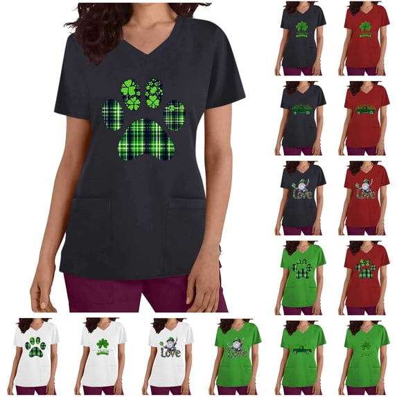 lcziwo St Patricks Day Scrub Tops for Women 2025 Fashion Irish Shamrock Medical Scrub Tops V Neck Short Sleeve Nursing Uniform Vacation Outfits Green XL Gifts for Mom