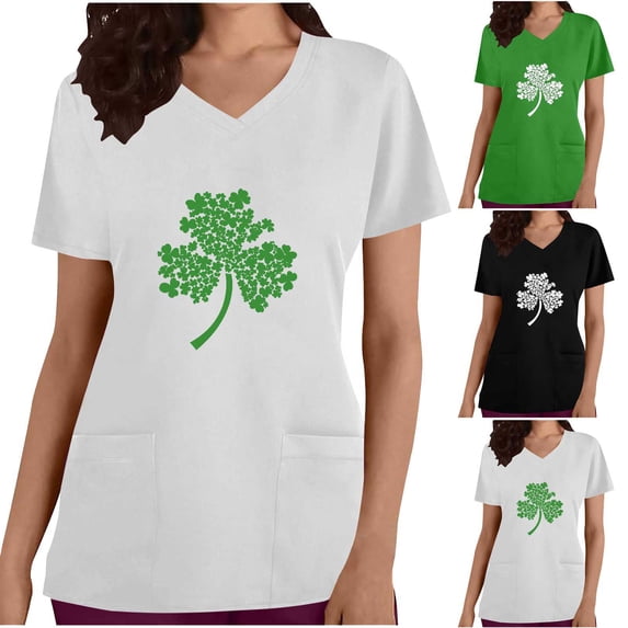 lcziwo St Patricks Day Scrubs for Women Funny Shamrock Print Tees Shirts Loose Fit Casual V Neck Scrub Tops Summer Vacation Outfits Green XXL Prime Sales of The Day