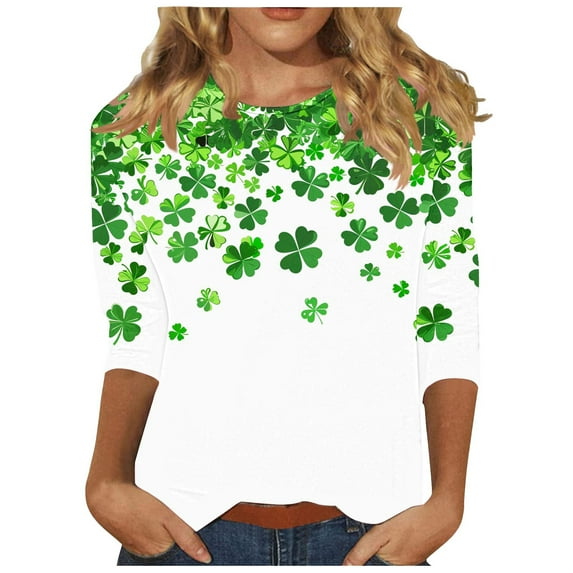 lcziwo St Patricks Womens Shirt Irish Lucky Clover Print T-Shirt Tops Crewneck Green 3/4 Sleeve Tunic Blouses Shamrock Top 2025 Green,XXL