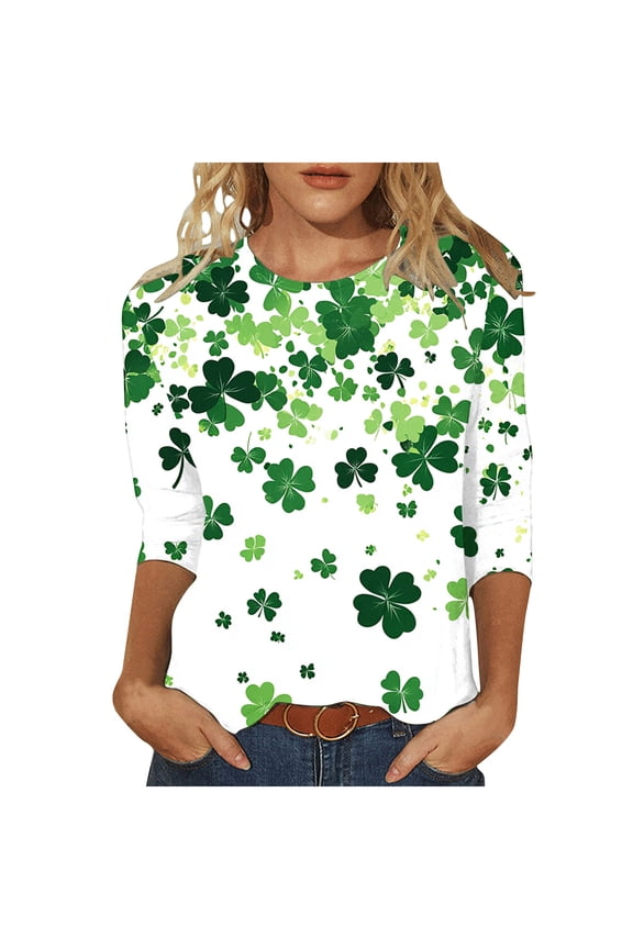 St Patty Shirts for Women 3/4 Sleeve Shamrock Lucky Printed Tops Teacher Green Crewneck Irish Saint Patricks Day T-Shirt 2025 Multicolor,XXXXL