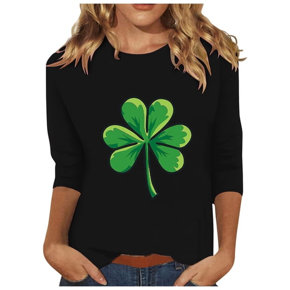 lcziwo St Patty's Shirt Women Irish Lucky Clover Print T-Shirt Tops Crewneck Green 3/4 Sleeve Tunic Blouses Shamrock Top 2025 Black,M