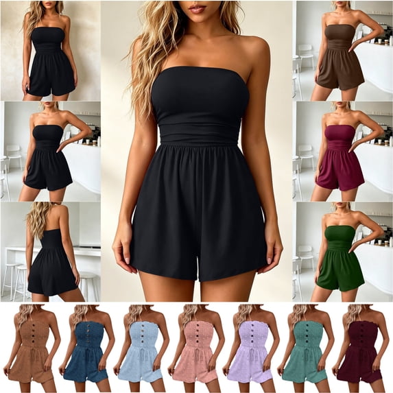 lcziwo Strapless Romper for Women Summer One Piece Ruched Tube Top Short Jumpsuit Vacation Going Out Outfits Green S