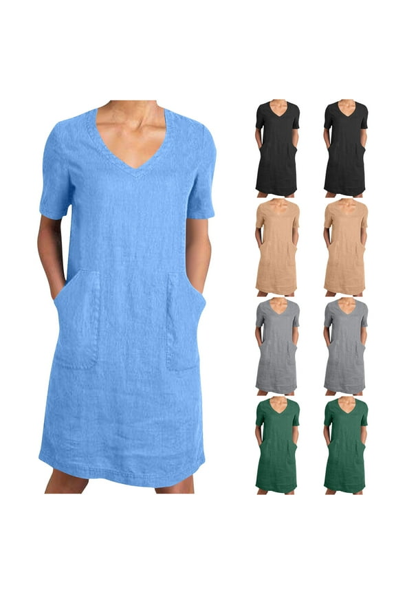 Summer Dresses for Women Causal Short Sleeve Dress Loose Fit Midi Dress V Neck Two Pockets Clothes Blue M