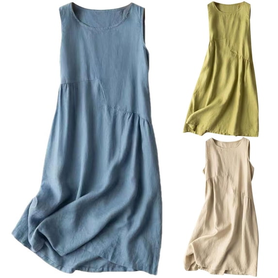 lcziwo Summer Dresses for Women Cotton Linen Breathable Tank Dress Solid Color Sleeveless Long Dress Loose Round Neck Midi Dress Green L