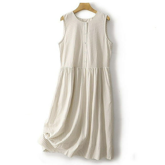 lcziwo Summer Dresses for Women Cotton Linen Striped Print Sleeveless Round Neck Long Dress Loose Casual Holiday Ruffle Dress White XL