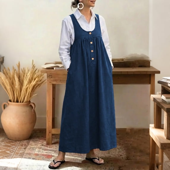 lcziwo Summer Dresses for Women Linen Button Down Henley Ruched Sleeveless Tank Dress Solid Color Loose Flowy Long Dress Blue XXL