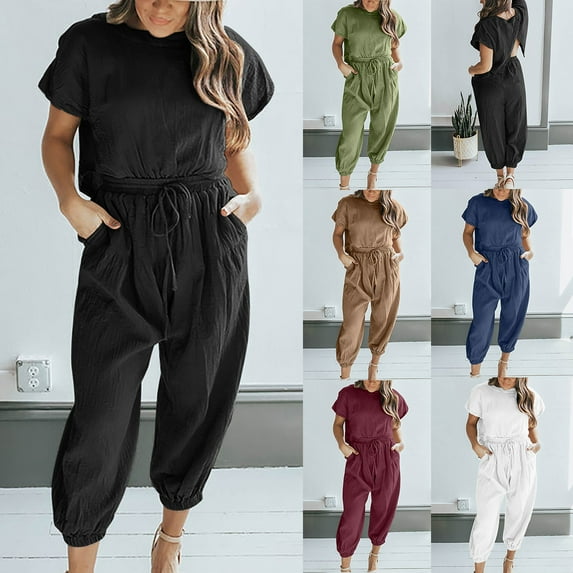 lcziwo Summer Linen Sets for Women Short Sleeve Crewneck T Shirts and Drawstring Elastic Waist Cinch Bottom Cropped Pants 2 Piece Outfits Clearance Items Navy L