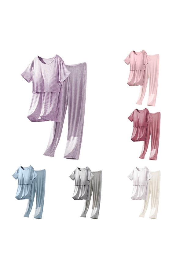 Summer Loose 2 Piece Sets for Women Plus Size Model Pajamas Summer Short Sleeve Shirt Dress and Elastic Waist Pants Pajama Set White XXL