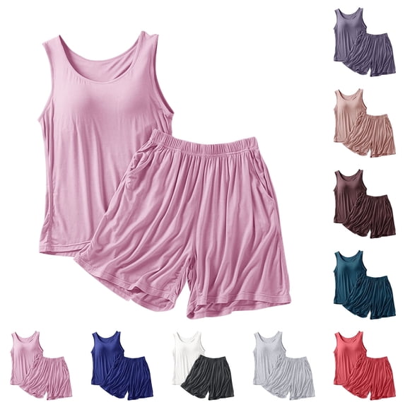 lcziwo Summer Modal Two Piece Set for Women Plus Size Solid Color Pajamas Built in Bra Tank Top and Elastic Waist Short Sleepwear Blue XXXL