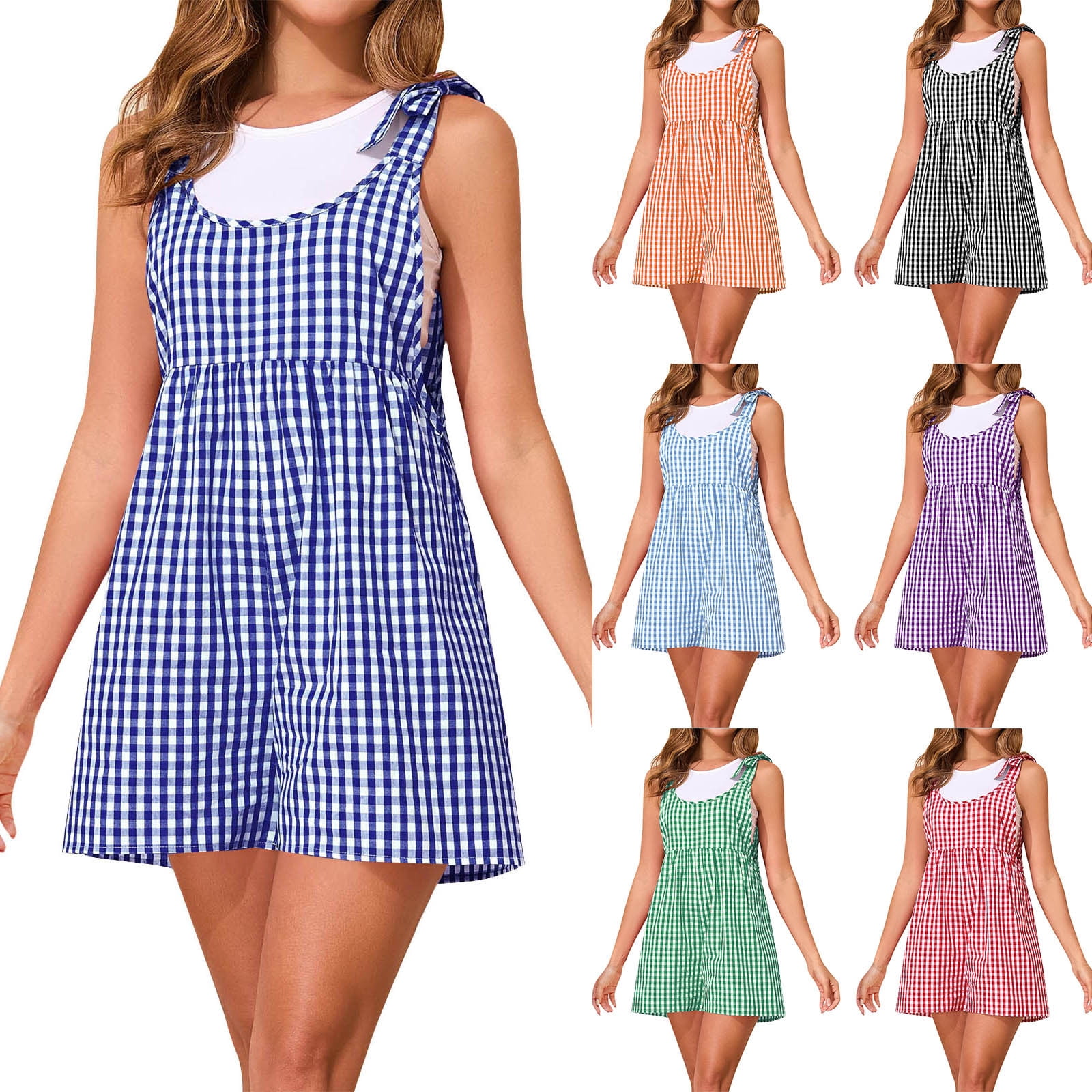lcziwo Summer Plaid Romper for Women Casual Cute Tie Straps