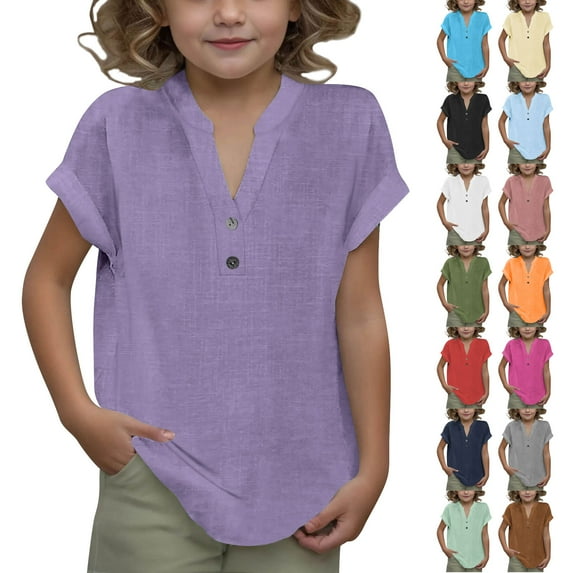lcziwo Summer Tops for Girls 2025 Trendy Short Sleeve Cotton Linen Shirt Casual Button V Neck Tunic Back To School Outfits Beige 7 Years Sales of The Day Lightning