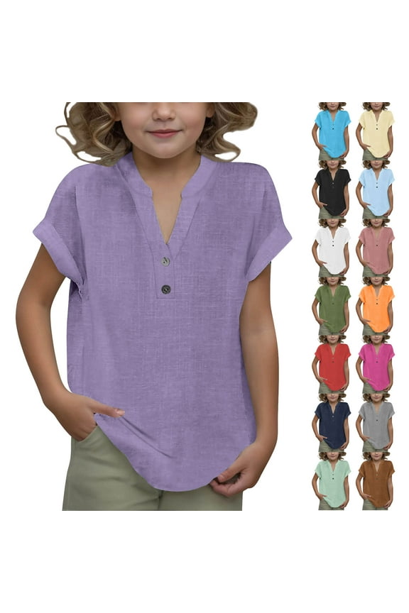 Summer Tops for Girls 2025 Trendy Short Sleeve Cotton Linen Shirt Casual Button V Neck Tunic Back To School Outfits Navy 11 Years 50% Percent off Sales Today