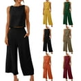 thumbnail image 1 of lcziwo Summer Vacation 2 Piece Outfits for Women 2025 Sleeveless Crop Tops and Capri Wide Leg Pants Matching Sets Solid Color Linen Lounge Set Khaki L, 1 of 8