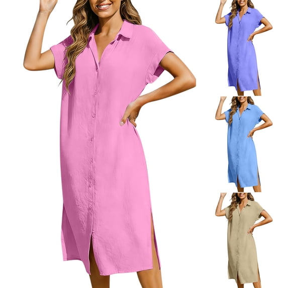 lcziwo Summer Vacation Dress Cotton Linen Loose Long Dress Solid Color Short Sleeve Dresse Button Down Clothes Purple L