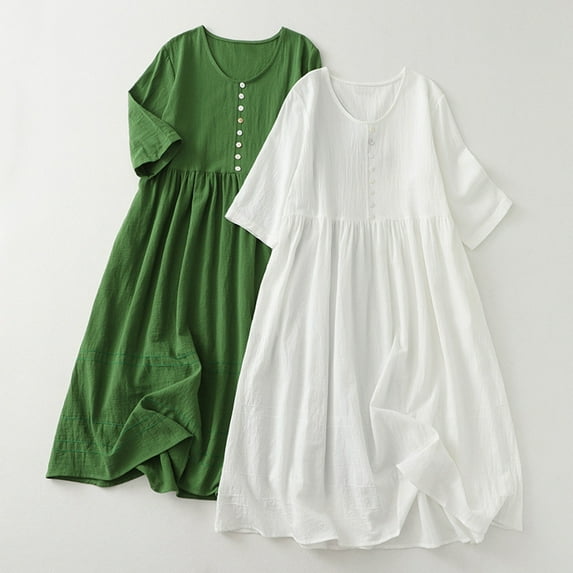 lcziwo Sun Dresses Women Flowy Cotton Linen Solid Color Short Sleeve Maxi Dress Casual Crew Neck Beach Sundresses White L