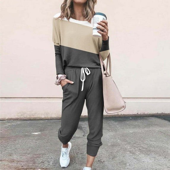 lcziwo Sweatsuits Women 2 Piece Outfit Color Block Crewneck Long Sleeve Track Jogging Suits Workout Drawstring Jogger Sets 2024 Lounge Set Khaki 2XL