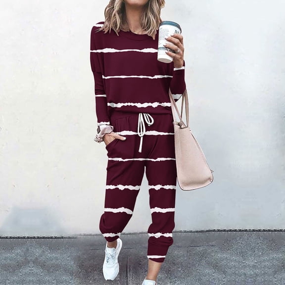 lcziwo Sweatsuits Women 2 Piece Outfit Striped Crewneck Long Sleeve Track Jogging Suits Workout Drawstring Jogger Sets 2024 Lounge Set Wine XL
