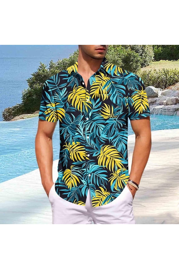 T Shirts for Man Hawaii Big and Tall Beach Casual Short Sleeve Tops Print Summer Vacation Lapel Tee with Pocket Blue XL