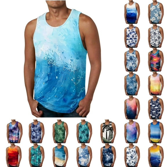lcziwo Tank Tops for Men 2025 Fashion Tie Dye Print Sleeveless Tee Shirts Summer Relaxed Fit Blouse Big and Tall Holiday Beach Top Daily Sales of The Day White L