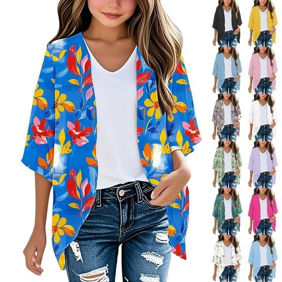 lcziwo Teen Girls 3/4 Length Sleeve Cardigans Summer Lightweight Chiffon Cardigan Beach Cover Ups Black