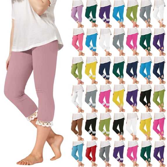 lcziwo Teen Girls Stretchy Capri Leggings Kids Knee Length High Waist Yoga Pants Summer Soft Solid Compression Workout Tight Pants Purple 10 Years Prime Sales Today