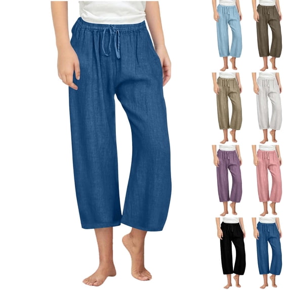 lcziwo Teen Girls Wide Leg Cotton Linen Capris Casual Summer Loose Comfy Drawstring High Waisted Cropped Beach Pants with Pockets Sky Blue 140 Today's Sales