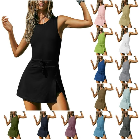 lcziwo Tennis Dress with Shorts for Women Summer Sleeveless Workout Golf Dresses Open Back Athletic Onesie Rompers Skort Dress Ofertas Del Dia de Hoy Relampago Gray M