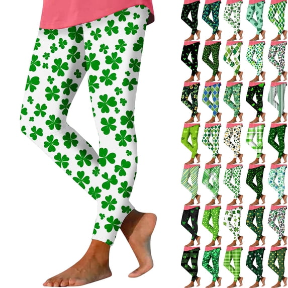lcziwo Today Prime Sales, Women's St Patricks Day Running Leggings Trendy Shamrock Clover Print Soft Stretchy Yoga Pants Casual High Waisted Tummy Control Tights Green XXL