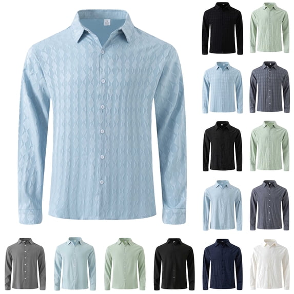 lcziwo Today Prime Sales Long Sleeve Shirts for Men Business Casual Dress Shirts Regular Fit Work T-Shirts Solid Color Button Down Textured Shirts Vacation Tops