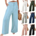 thumbnail image 1 of lcziwo Today Sales, Women's Side Hollow Cotton Linen Summer Pants Casual Elastic Waist Drawstring Straight Sweatpants Solid Color Lounge Trousers with Pockets Army Green XXL, 1 of 9