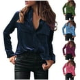 thumbnail image 1 of lcziwo Long Sleeve Velvet Tops for Women Casual Button Down Lapel Shirts with Pockets 2025 Spring Lightweight Elegant Going Out Blouses,Green,L, 1 of 7