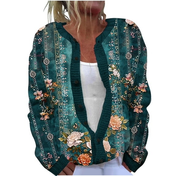 lcziwo Sweater Cardigan Women Open Front Spring Sweaters Long Sleeve Button Knit Outwear Coat Floral Print Jackets,Multicolor,XXXXXL