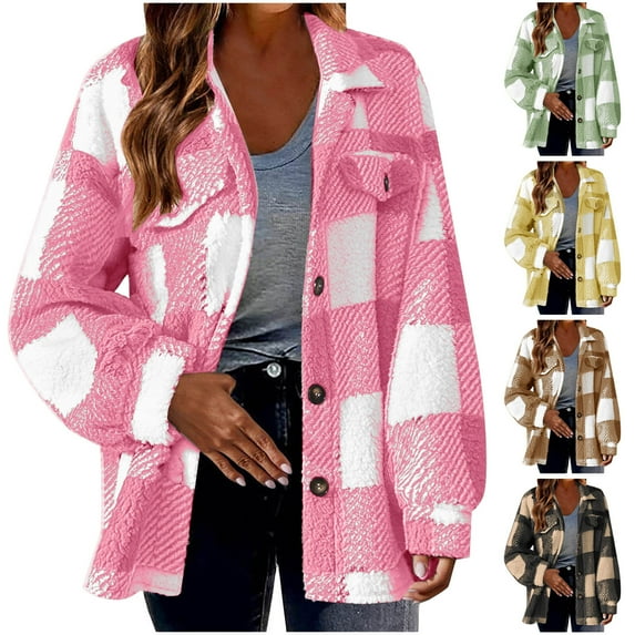 lcziwo Womens Plus Size Flannel Jacket Button Down Long Sleeve Plaid Coats 2024 Winter Trendy Lapel Collared Thicken Warm Outerwear,Pink,XXXXL
