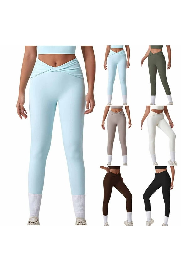 Today's Lightning Sales, Womens Ruched Yoga Leggings Casual Crossover High Waist Stretch Workout Leggings Solid Color Full Length Tight Bottom Pants Beige S
