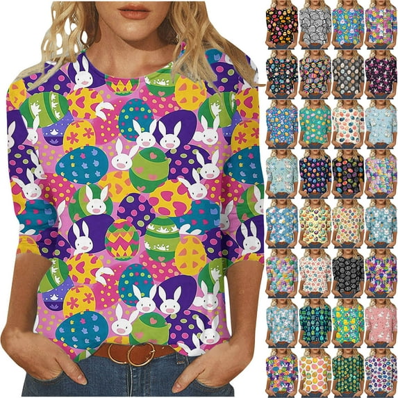 lcziwo Today's Lightning Sales Easter Clothes for Women Casual Crew Neck Three Quarter Sleeve Shirts Fashion Egg Rabbits Graphic Basic Tees Tops Multicolor XL