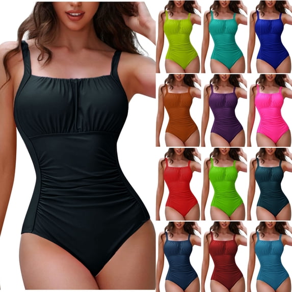 lcziwo Today's Lightning Sales Women One Piece Swimsuits Solid Push Up Tummy Control Bathing Suits Summer Spaghetti Straps Scoop Neck Slimming Swimwear Gray M