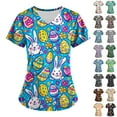 thumbnail image 1 of lcziwo Today's Sales Easter Scrub Tops for Women Bunny Egg Print Scrub Tops Casual Short Sleeve V Neck Tshirts with Pockets Holiday Working Uniform Multicolor L, 1 of 5