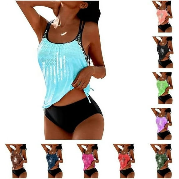 lcziwo Todays Daily Sales Clearance American Flag Print Swim Suits for Women 2025 Patriotic Modest Bathing Suit Two Piece Blouson Tankini Sets Summer Beach Swimwear Purple M