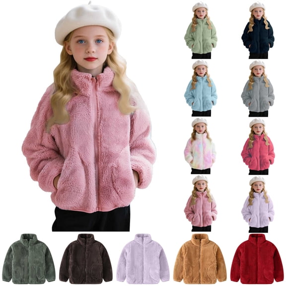 lcziwo Toddle Girls Sherpa Jacket Fall Winter Warm Fuzzy Fleece Zip Up Coat Solid Color Long Sleeve Outerwear with Pockets, Pink, 4 Years