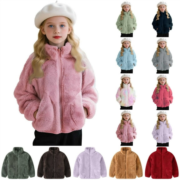 lcziwo Toddle Girls Sherpa Jacket Fall Winter Warm Fuzzy Fleece Zip Up Coat Solid Color Long Sleeve Outerwear with Pockets, White, 4 Years