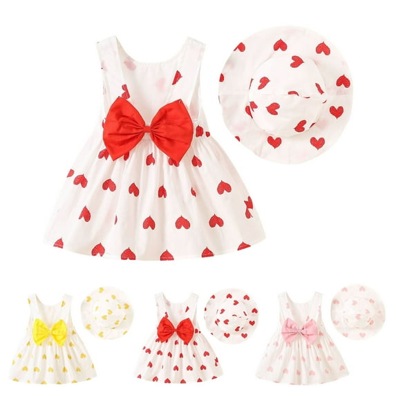 lcziwo Toddler Girls Dress Hat Outfit Cute Heart Sundress with Sunhat 2 Piece Set Summer Playwear Yellow 6 Months