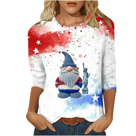 lcziwo Tshirts Shirts for Women 4th of July 3/4 Length Sleeves Blouses Gnome and Stars Print Crew Neck Tunic Tees Casual Trendy Summer 2025 Soft Tops Red,XL