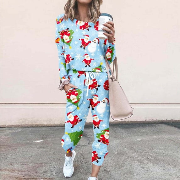 lcziwo Two Piece Outfits for Women Christmas,Women's Casual Two Piece Outfit Cute Xmas Printed Long Sleeve Crewneck Tops and Long Pants with Pockets